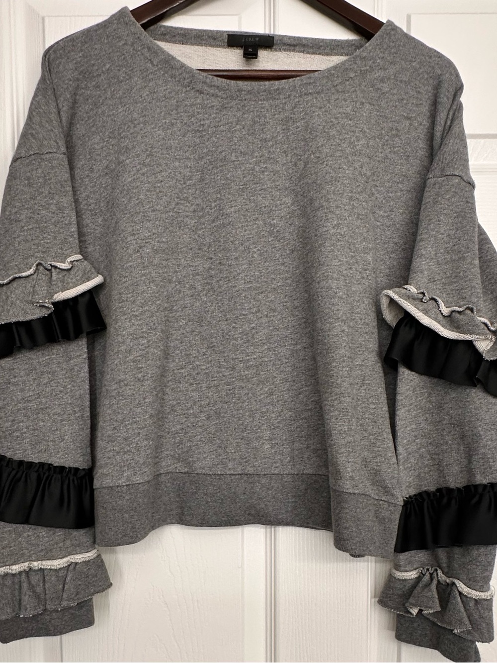J. Crew Gray Ruffle-Sleeve Sweatshirt with Black Trim